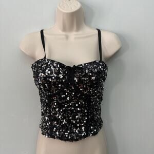 No Boundaries Crop Top Womens Small Silver Black Sequin Babydoll Coquette Glam